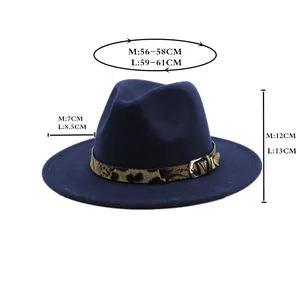 Size guide for wool felt fedora showing crown height and brim width measurements