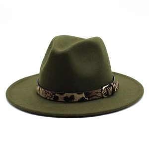 Classic dark olive green wool fedora hat with leopard print band and metal buckle detail