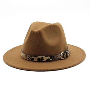 Classic Fedora Hat Woolen Felt Wide Flat Brim Leopard Print Band Metal Buckle Vintage Jazz Style For Men Women Outwear