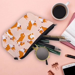 Pink Corgi print waterproof makeup bag with zipper and large travel storage capacity