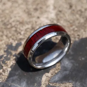 Titanium steel ring with wood inlay detail and polished finish for men and women