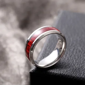 Titanium steel ring for men featuring natural wood grain inlay and polished finish