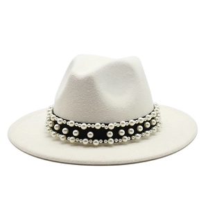 Elegant white wool fedora hat with black ribbon and triple-row pearl embellishments
