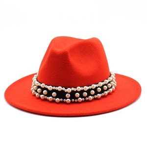 Fedora Hat Wool Felt Wide Brim Elegant Artificial Pearl Ribbon Band Vintage Jazz Cap For Women And Men Fashion