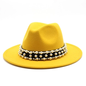 Classic bright yellow wool fedora hat with wide brim and elegant pearl band decoration