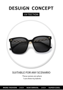 Détail de lunettes de soleil carrées oversize avec chaîne dorée et rivets en forme d'étoile
