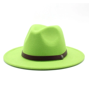 Detailed close-up of a neon green wool fedora hat with a brown embossed leather band