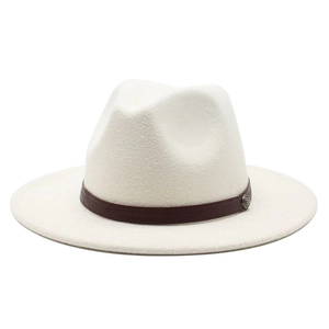 Classic cream wide brim fedora hat with vintage textured brown band and metal buckle