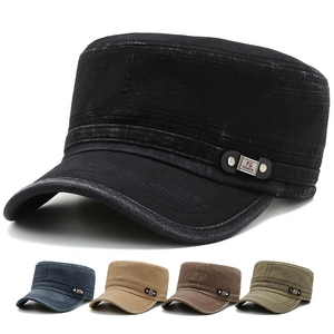 Vintage Cadet Cap Military Hat Flat Top Washed Fabric Adjustable Outdoor Sun Protection Casual Style Men Women