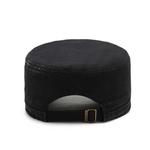 Classic black washed cotton cadet cap featuring adjustable metal buckle at the back