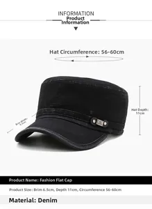 Detailed view of black denim military cap with FS FASHION logo and size dimensions
