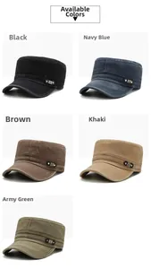 Flat top military caps shown in five colors with vintage side metal buckle details