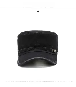 Front view of a black washed cotton cadet cap featuring a side metal logo ornament