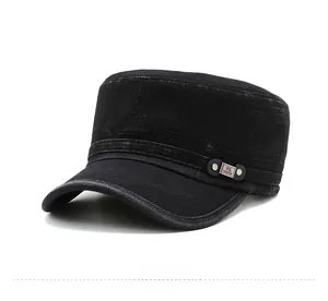 Side view of washed black cotton cadet hat with vintage metal plaque detail