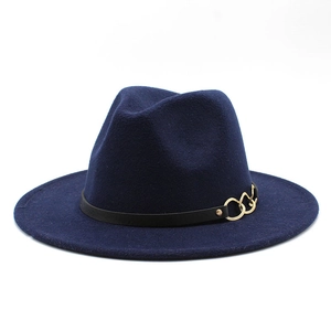 Classic dark blue wool fedora hat with wide brim and elegant gold heart metal accent