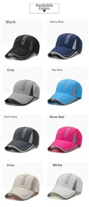 Detail view of quick-dry baseball caps in eight colors with breathable mesh side panels