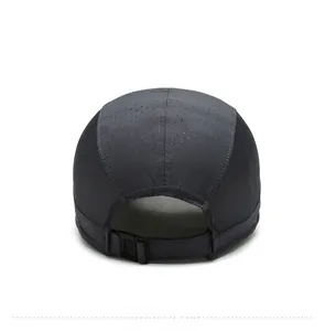 Rear view of dark grey quick-dry baseball cap with mesh fabric and adjustable strap