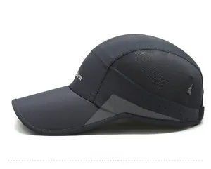 Side view of dark grey mesh baseball cap with breathable fabric and curved visor