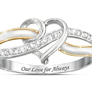 Tweekleurige hart- en infinity ring met kristallen en Our Love For Always gravure