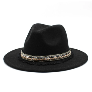 Classic black wide-brim wool fedora hat featuring sequin ribbons and ethnic fringe trim
