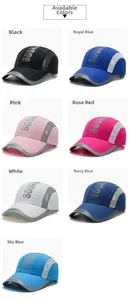 Detail view of quick-dry mesh baseball caps available in seven vibrant colors