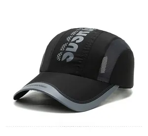 Detail view of quick-dry mesh baseball cap with breathable side panels and racing print
