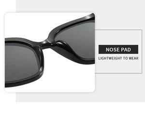 Détail macro des plaquettes intégrées sur lunettes de soleil noires pour un confort léger