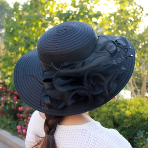Elegant black organza sun hat with large floral detail and wide brim for women
