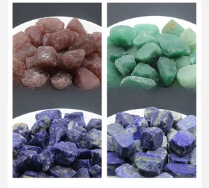 Macro display of raw Strawberry Quartz, Green Aventurine, Sodalite, and Lapis Lazuli stones