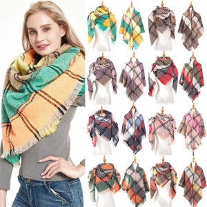 Detailed grid showcasing sixteen different color options of plaid checkered scarves