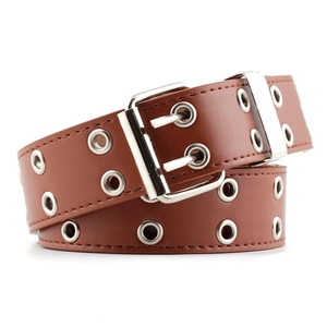 Brown punk leather belt with silver double grommets and metal twin-pin buckle for jeans