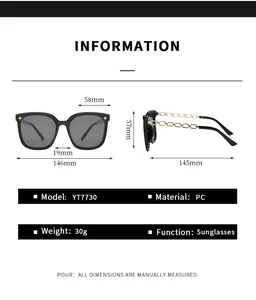 Guide des tailles détaillé pour lunettes de soleil carrées avec branches en chaîne d'or