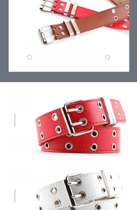 Detail of red punk style PU leather belt with silver double-pin buckle and dual metal eyelets