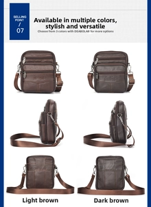 Detailed views of men's leather waist bag in light and dark brown with adjustable straps