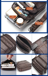 Brown leather waist bag detail with multi-pocket zippers and detachable shoulder strap