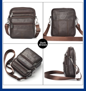Detail view of dark brown leather waist bag showing multiple zippers and embossed logo