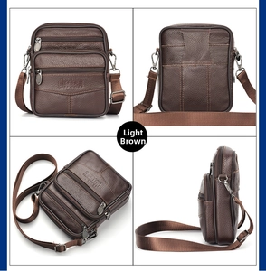 Multiple views of light coffee leather waist bag with three zipped pockets and adjustable strap