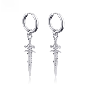 Punk style silver hoop earrings with hanging cross sword pendants and vintage metal texture