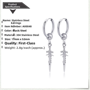 Detail of 304 stainless steel cross sword pendant earring with size 17mmx52mm