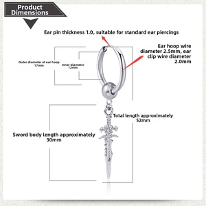 Detailed size specifications for silver stainless steel sword drop hoop earrings