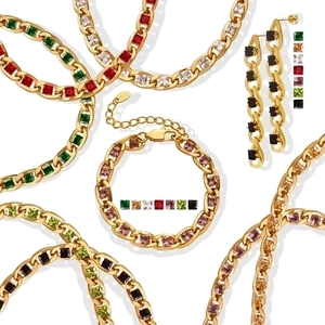 Golden Cuban chain jewelry set featuring colorful square-cut zircon bracelets and earrings