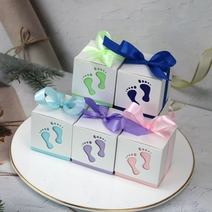 European Style Hollow Baby Footprint Candy Box Creative Paper Baby Shower Favor Gift Box With Ribbon For Birthday Party Decor