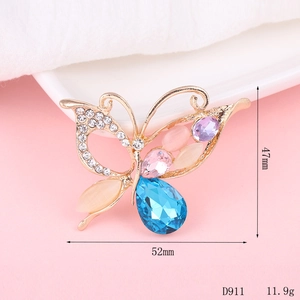 Sparkling butterfly brooch accessory with crystals and rhinestones, size 52mm x 47mm