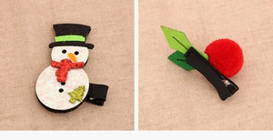 Detail of Christmas snowman and holly hair clips with metallic alligator clips