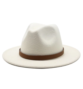 Elegant white wool fedora hat with a wide brim and brown faux snakeskin belt band