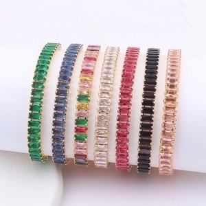 Tennis bracelets with rectangular colorful zircons in multiple colors on gold base