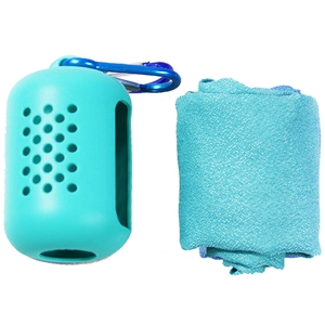 Portable quick-dry microfiber sports towel with teal silicone case and blue carabiner