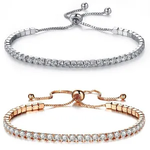 Detail of adjustable tennis bracelets in silver and rose gold with sparkling cubic zirconia