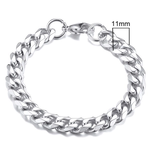 Macro shot of 11mm silver stainless steel Cuban link bracelet with measurement detail