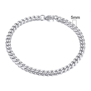 Detailed view of 5mm silver stainless steel Cuban link bracelet on white background